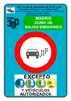 Señal de Madrid con aviso de captación de imágenes, símbolo de circulación prohibida y la leyenda «excepto distintivos 0, ECO, C y B y vehículos autorizados».
